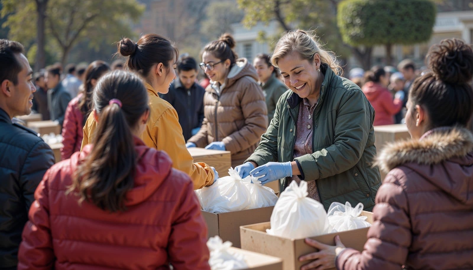 Volunteers distribute food and supplies during a humanitarian relief effort.