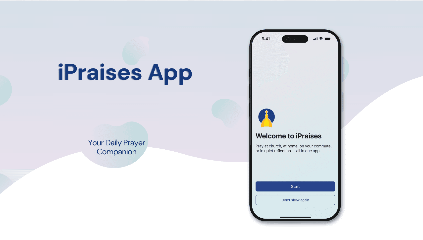 iPraises App with a phone displaying a welcome screen and prayer companion text.
