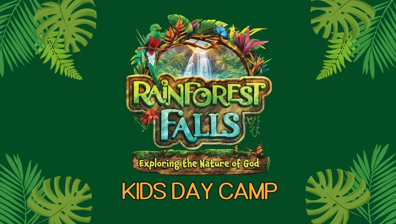 Rainforest Falls Kids Day Camp logo with waterfall, parrot, and jungle foliage.