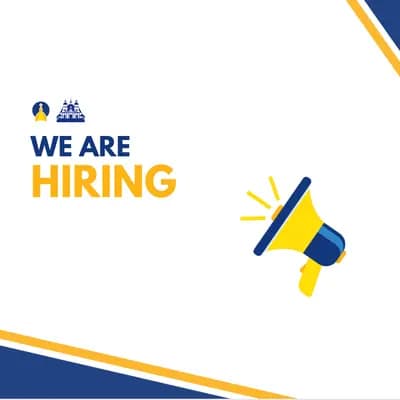 We are hiring announcement with church icon and megaphone graphic.