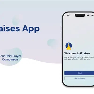 iPraises App with a phone displaying a welcome screen and prayer companion text.