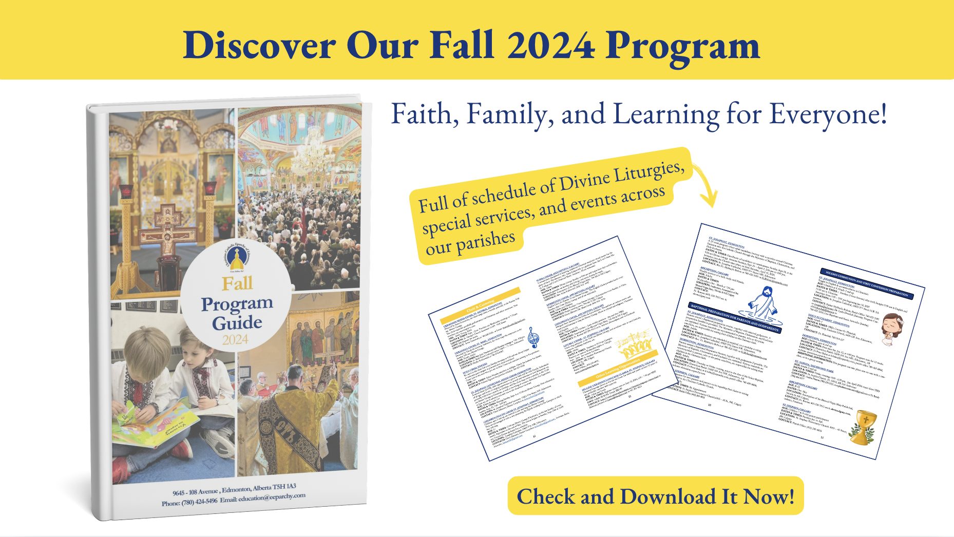 program guide fall 2024, Eparchy of Edmonton, program guide, church services, prayer times, family programming, youth activities, sacramental preparation, Ukrainian Catholic Church, adult faith formation, liturgical events, iconography classes, Edmonton parishes